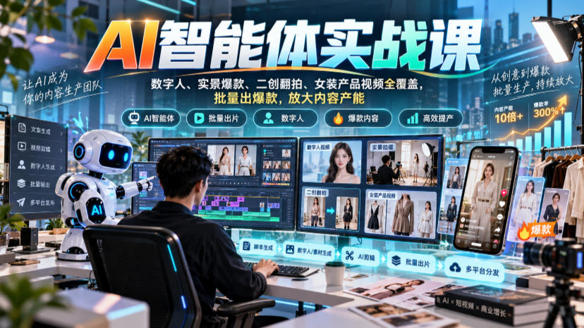AI智能体实战课,数字人、实景爆款、二创翻拍、女装产品视频全覆盖,批量出爆款,放大内容产能-皮皮网创