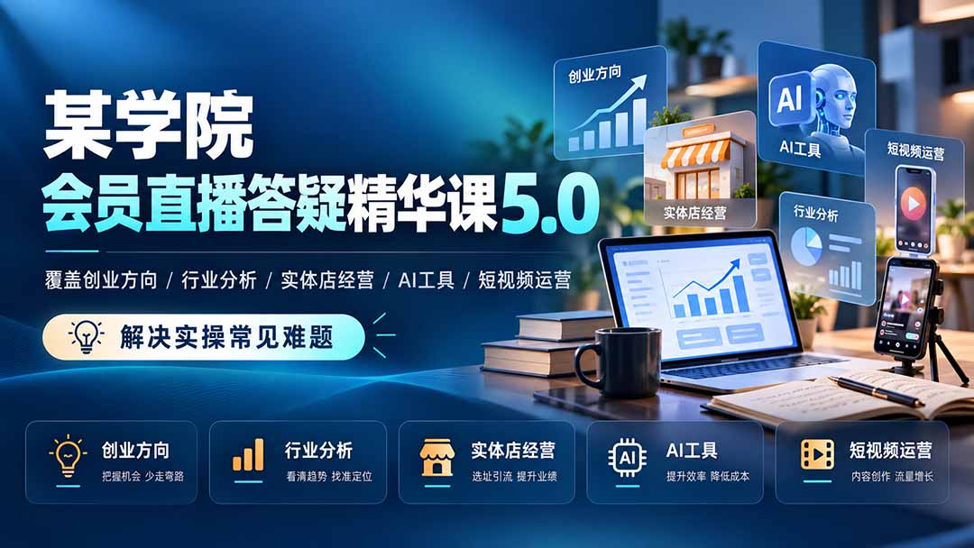 某学院会员直播答疑精华课5.0：覆盖创业方向、行业分析、实体店经营、AI工具和短视频运营，解决实操常见难题！-皮皮网创