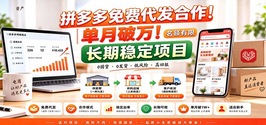 拼多多免费代发合作|单月破万!长期稳定项目,名额有限-皮皮网创