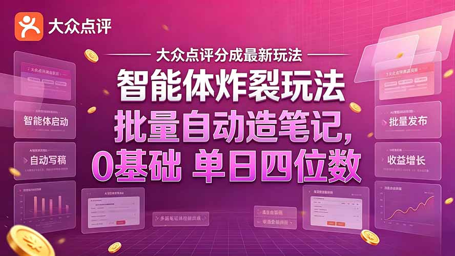 大众点评分成最新智能体炸裂玩法！批量自动造笔记，0基础干到单日四位数-皮皮网创
