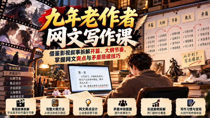 九年老作者网文写作课:借鉴影视叙事拆解开篇、大纲节奏,掌握网文爽点与矛盾搭建技巧-皮皮网创
