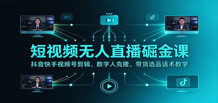 短视频无人直播掘金课:抖音快手视频号剪辑、数字人克隆、带货选品话术教学-皮皮网创