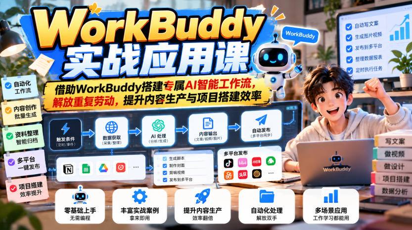 WorkBuddy实战应用课,借助WorkBuddy搭建专属AI智能工作流,解放重复劳动,提升内容生产与项目搭建效率-皮皮网创