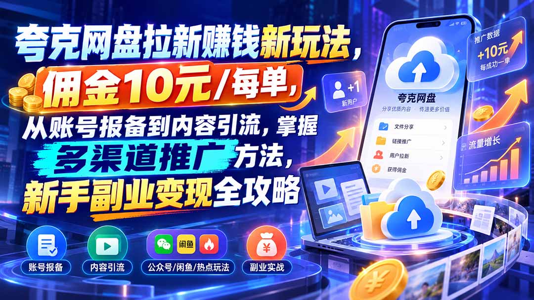 夸克网盘拉新赚钱新玩法,佣金10元/每单,从账号报备到内容引流,掌握多渠道推广方法,新手副业变现全攻略-皮皮网创