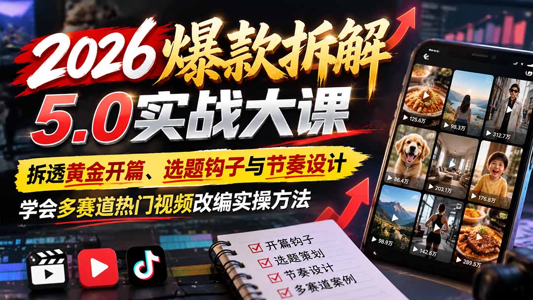 2026爆款拆解5.0实战大课：拆透黄金开篇、选题钩子与节奏设计，学会多赛道热门视频改编实操方法-皮皮网创