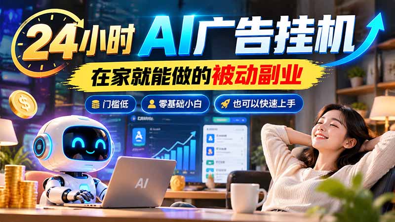 24小时AI广告挂机|在家就能做的被动副业,门槛低,零基础小白也可以快速上手-皮皮网创