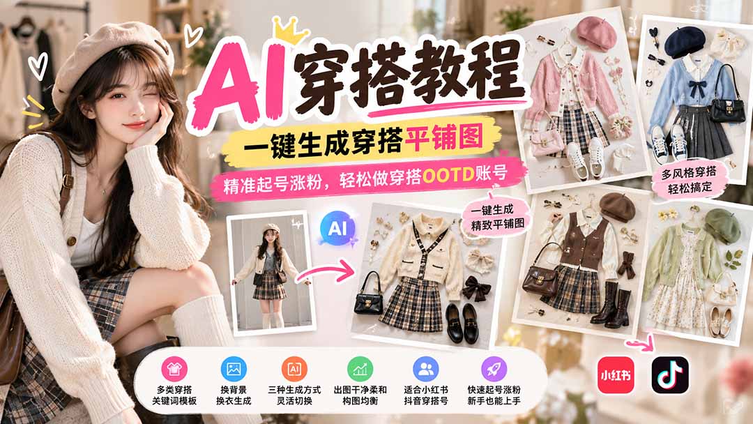 【无水印】AI穿搭教程|一键生成穿搭平铺图,精准起号涨粉,轻松做穿搭OOTD账号-皮皮网创