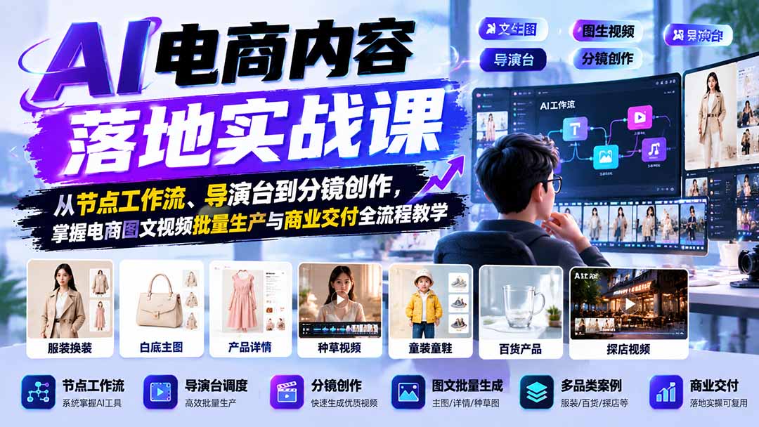 AI电商内容落地实战课:从节点工作流、导演台到分镜创作,掌握电商图文视频批量生产与商业交付全流程教学-皮皮网创