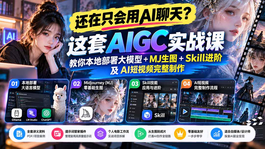 【无水印】还在只会用AI聊天?这套AIGC实战课教你本地部署大模型+MJ生图+Skill进阶及AI短视频完整制作-皮皮网创