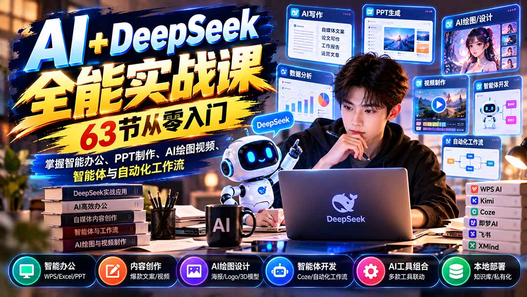 AI+DeepSeek全能实战课：63节从零入门，掌握智能办公、PPT制作、AI绘图视频、智能体与自动化工作流-皮皮网创