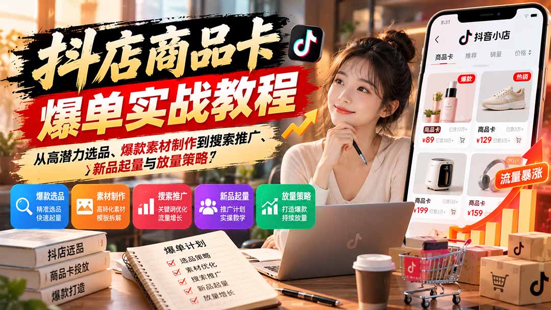 抖店商品卡爆单实战教程：从高潜力选品、爆款素材制作到搜索推广、新品起量与放量策略-皮皮网创