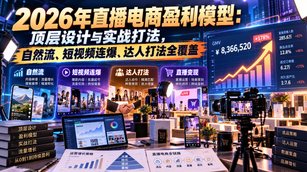 2026年直播电商盈利模型:顶层设计与实战打法,自然流、短视频连爆、达人打法全覆盖-皮皮网创