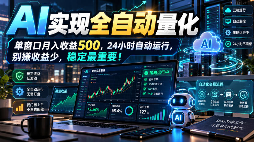 AI实现全自动量化,单窗口月入收益500,24小时自动运行,别嫌收益少,稳定最重要!【揭秘】-皮皮网创