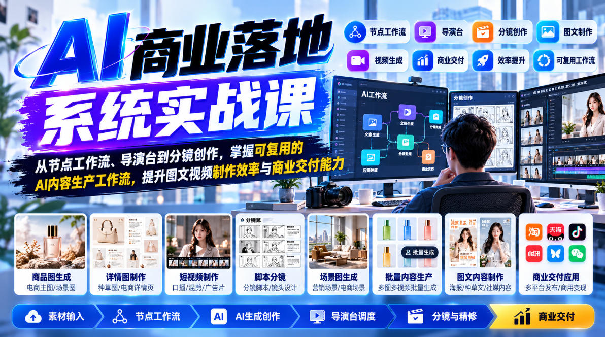 【无水印】AI商业落地系统实战课,从节点工作流、导演台到分镜创作,掌握可复用的AI内容生产工作流,提升图文视频制作效率与商业交付能力-皮皮网创