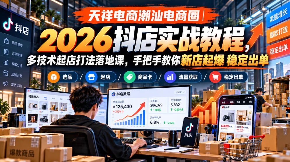 天祥电商潮汕电商圈|2026抖店实战教程,多技术起店打法落地课,手把手教你新店起爆稳定出单-皮皮网创
