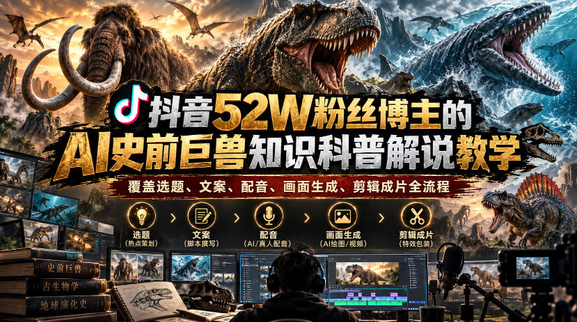 抖音52W粉丝博主的AI史前巨兽知识科普解说教学,覆盖选题、文案、配音、画面生成、剪辑成片全流程-皮皮网创