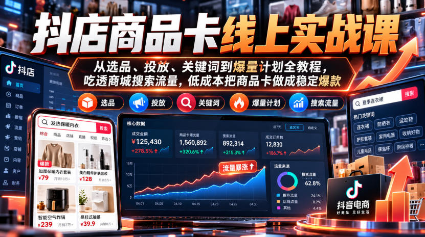 抖店商品卡线上实战课|从选品、投放、关键词到爆量计划全教程,吃透商城搜索流量,低成本把商品卡做成稳定爆款-皮皮网创