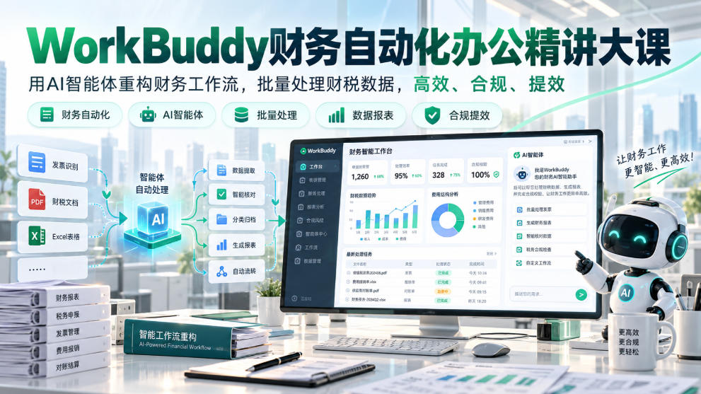 WorkBuddy财务自动化办公精讲大课,用AI智能体重构财务工作流,批量处理财税数据,高效、合规、提效-皮皮网创