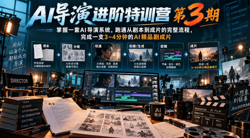 AI导演进阶特训营第3期,掌握一套AI导演系统,跑通从剧本到成片的完整流程,完成一支3~4分钟的AI精品剧成片(附1、2期)-皮皮网创