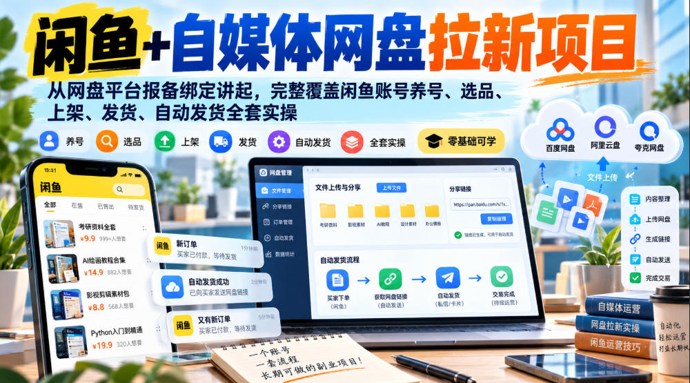 闲鱼+自媒体网盘拉新项目,从网盘平台报备绑定讲起,完整覆盖闲鱼账号养号、选品、上架、发货、自动发货全套实操-皮皮网创