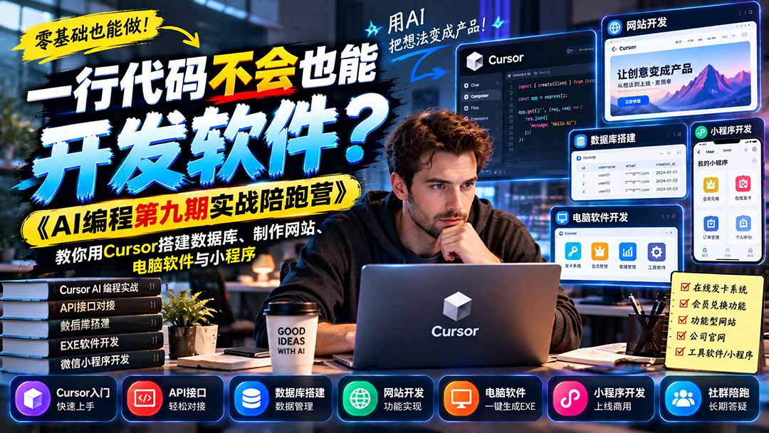 一行代码不会也能开发软件?《AI编程第九期实战陪跑营》教你用Cursor搭建数据库、制作网站、电脑软件与小程序-皮皮网创