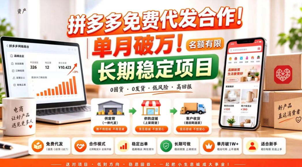 拼夕夕电商免费代发合作模式,单月破1W+,不用囤货、不用运营(名额有限)【揭秘】-皮皮网创