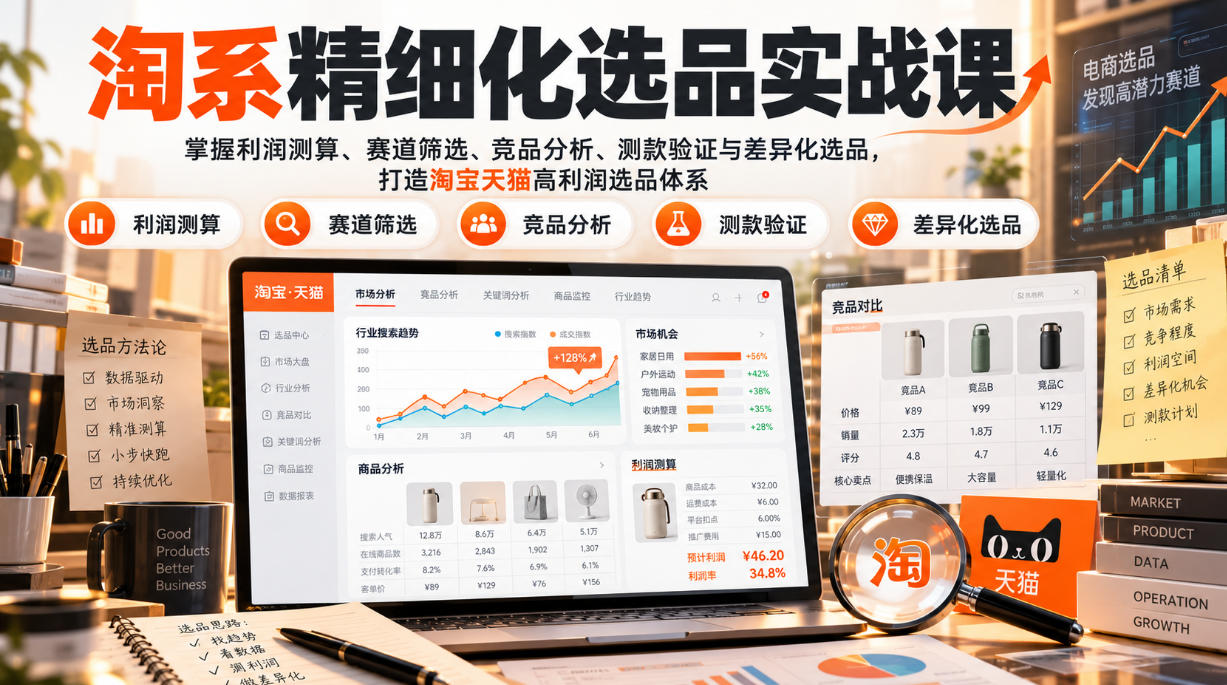 货架电商精细化选品实战课:掌握利润测算、赛道筛选、竞品分析、测款验证与差异化选品,打造淘宝天猫高利润选品体系-皮皮网创