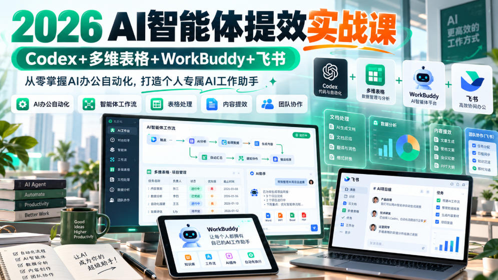 2026 AI智能体提效实战课:Codex+多维表格+WorkBuddy+飞书,从零掌握AI办公自动化,打造个人专属AI工作助手-皮皮网创