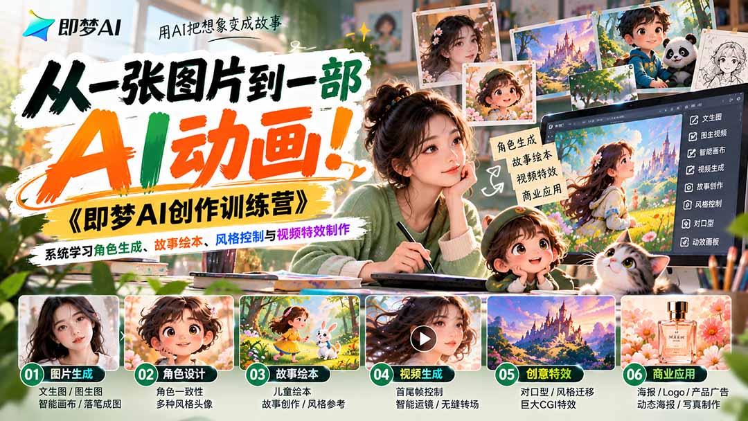 【无水印】从一张图片到一部AI动画!《即梦AI创作训练营》系统学习角色生成、故事绘本、风格控制与视频特效制作-皮皮网创