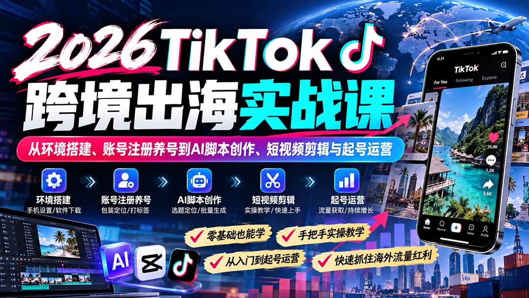 2026TikTok跨境出海实战课:从环境搭建、账号注册养号到AI脚本创作、短视频剪辑与起号运营-皮皮网创
