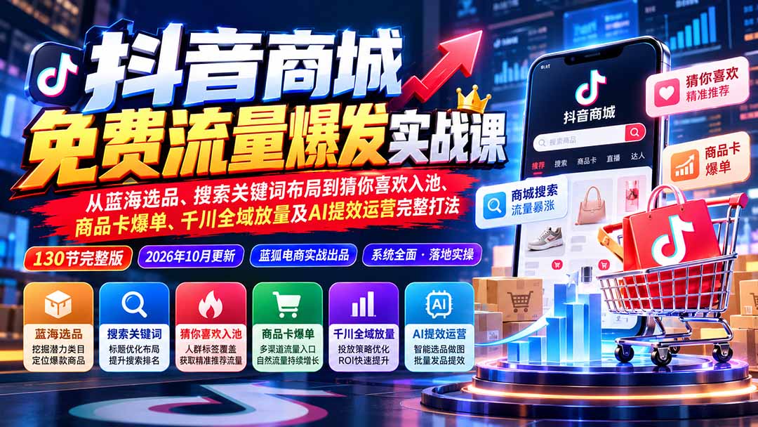 抖店城免费流量爆发实战-更新:蓝海选品、搜索关键词布局到猜你喜欢入池、商品卡爆单、千川全域放量及AI提效完整打法-皮皮网创