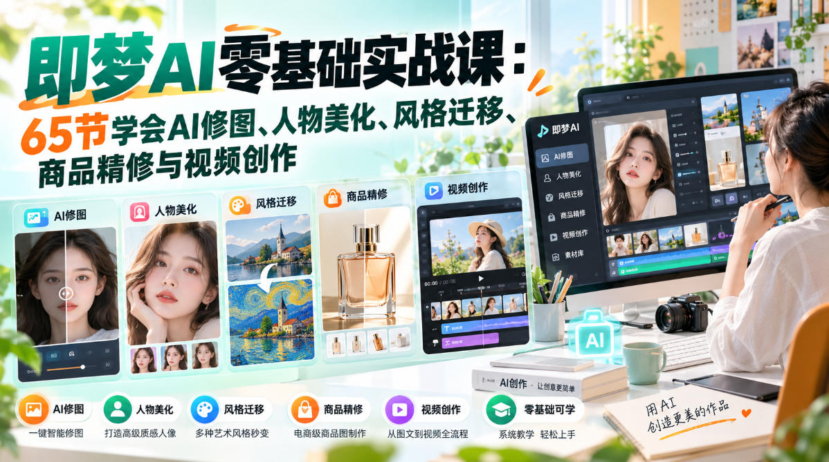 即梦AI零基础实战课:65节学会AI修图、人物美化、风格迁移、商品精修与视频创作-皮皮网创