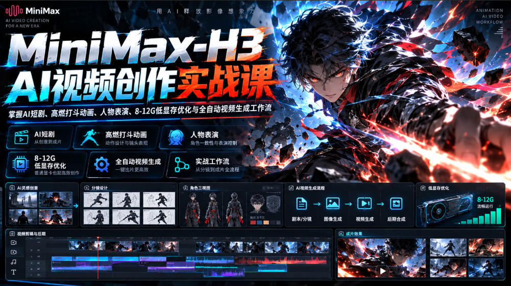 MiniMax-H3 AI视频创作实战课，掌握AI短剧、高燃打斗动画、人物表演、8-12G低显存优化与全自动视频生成工作流-皮皮网创