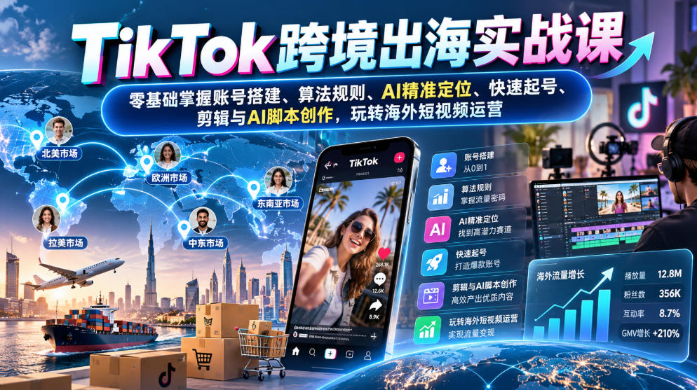 TikTok跨境出海实战课:零基础掌握账号搭建、算法规则、AI精准定位、快速起号、剪辑与AI脚本创作,玩转海外短视频运营-皮皮网创