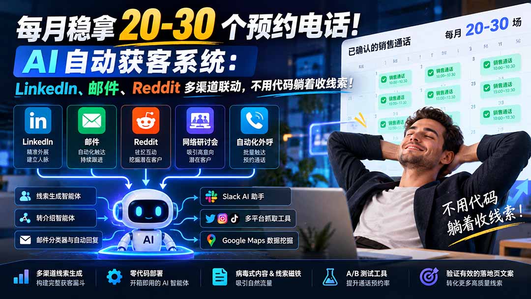 每月稳拿 20-30 个预约电话！AI 自动获客系统：LinkedIn、邮件、Reddit 多渠道联动，不用代码躺着收线索！-皮皮网创