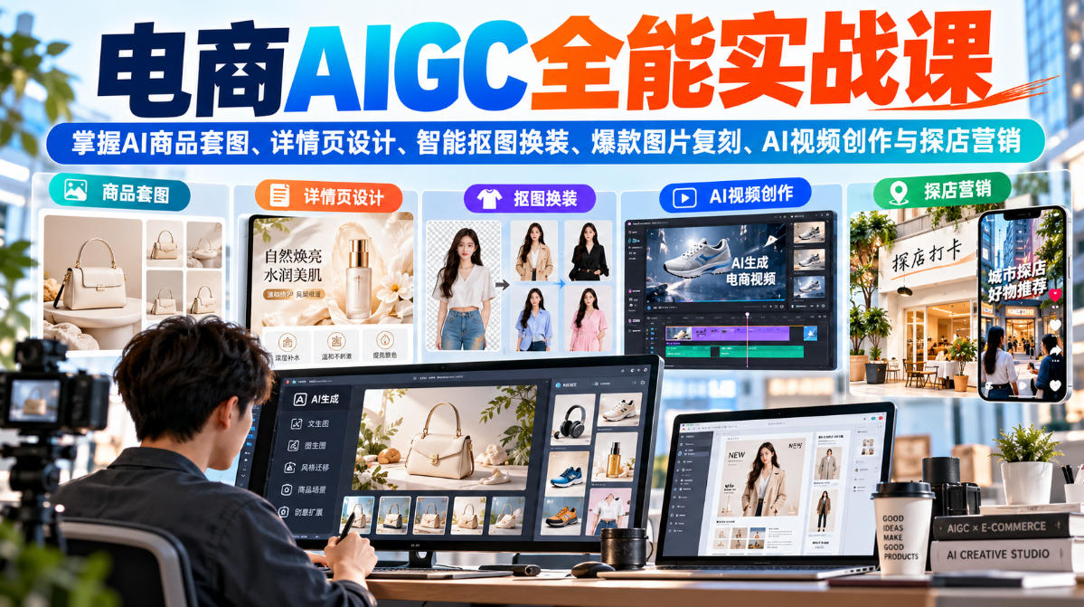 电商AIGC全能实战课:掌握AI商品套图、详情页设计、智能抠图换装、爆款图片复刻、AI视频创作与探店营销-皮皮网创