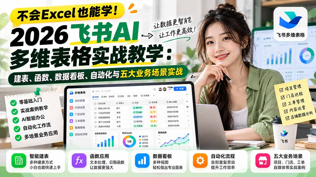 不会Excel也能学!2026飞书AI多维表格实战教学:建表、函数、数据看板、自动化与五大业务场景实战-皮皮网创