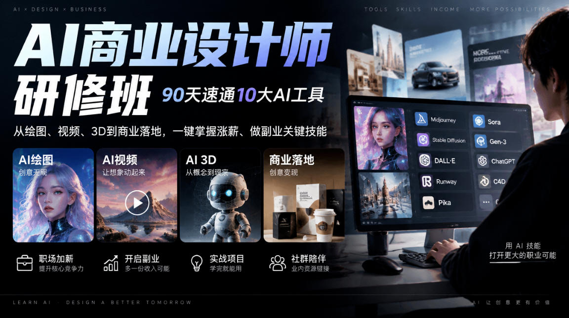 AI商业设计师研修班,90天速通10大AI工具,从绘图、视频、3D到商业落地,一键掌握涨薪、做副业关键技能-皮皮网创