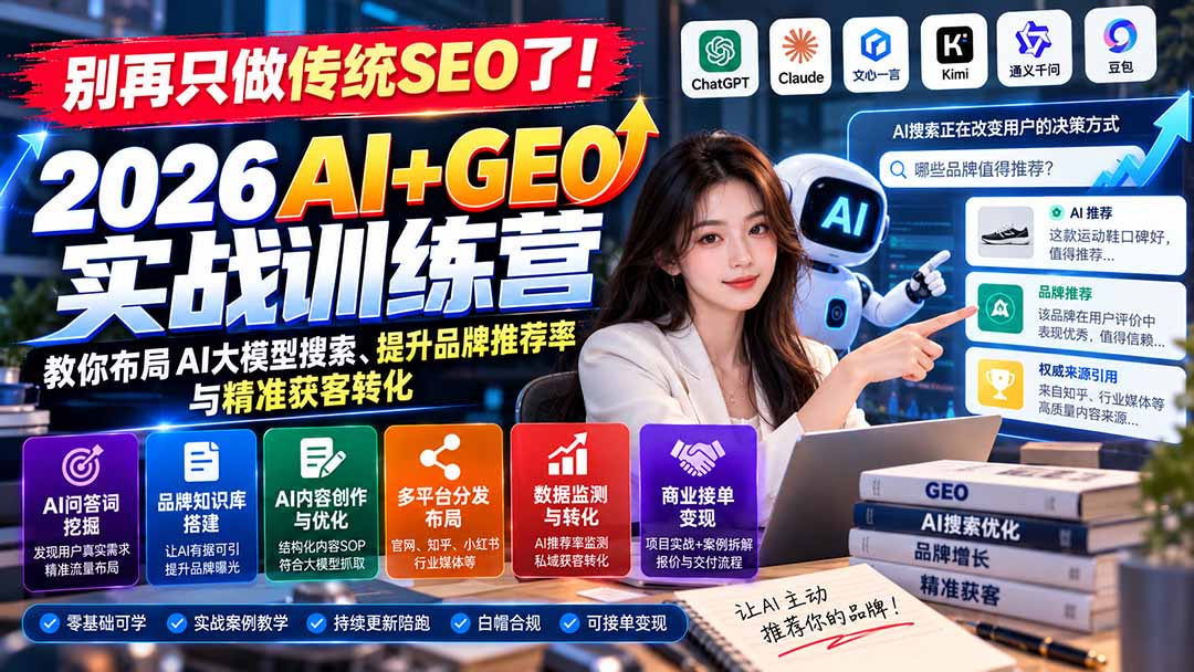 别再只做传统SEO了!《2026AI+GEO实战训练营》教你布局AI大模型搜索、提升品牌推荐率与精准获客转化-皮皮网创