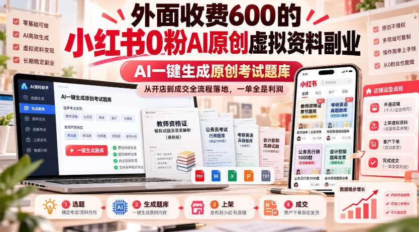 外面收费600的小红书0粉AI原创虚拟资料副业,AI一键生成原创考试题库,从开店到成交全流程落地,一单全是利润-皮皮网创