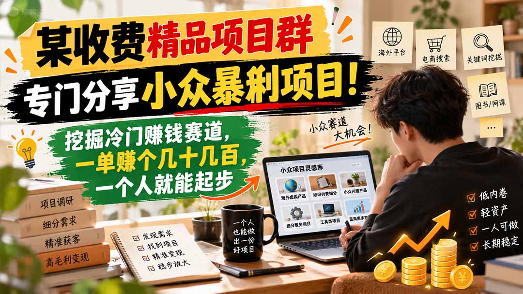 某收费精品项目群，专门分享小众暴俐项目！挖掘冷门赚钱赛道，一单赚个几十几百，一个人就能起步-皮皮网创