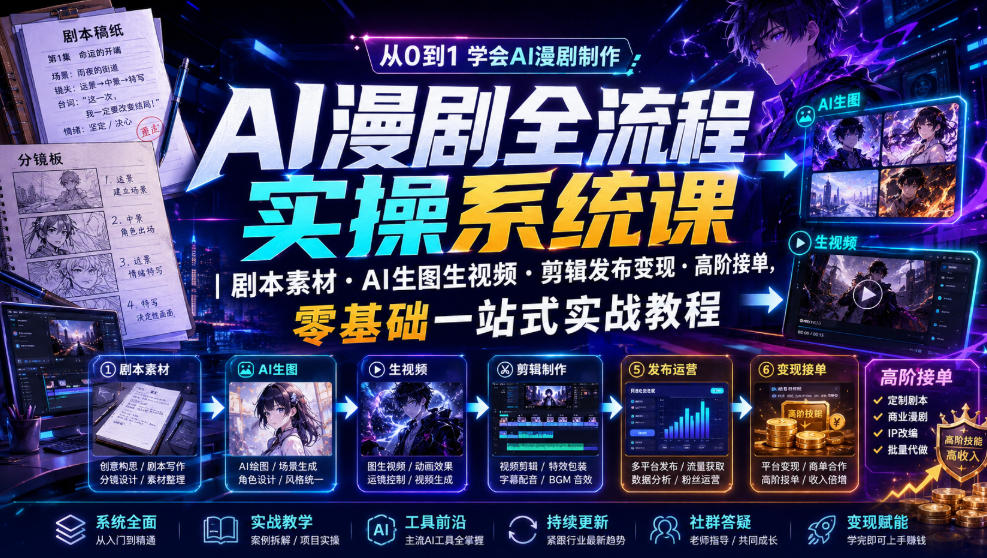 AI漫剧全流程实操系统课|剧本素材・AI生图生视频・剪辑发布变现・高阶接单,零基础一站式实战教程(更新1027)-皮皮网创