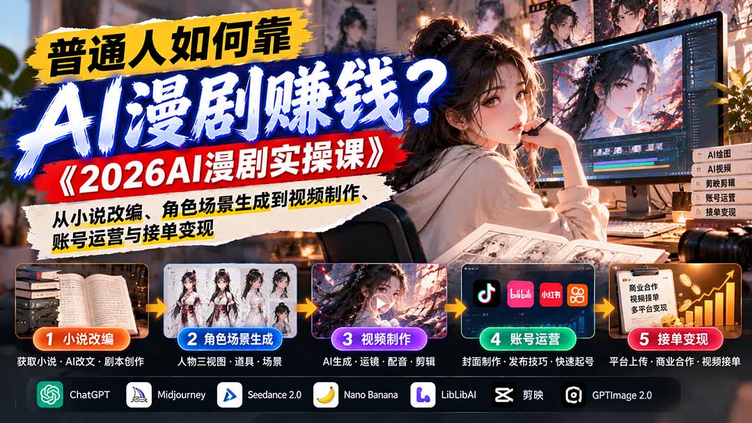 普通人如何靠AI漫剧赚钱?《2026AI漫剧实操课》从小说改编、角色场景生成到视频制作、账号运营与接单变现-皮皮网创