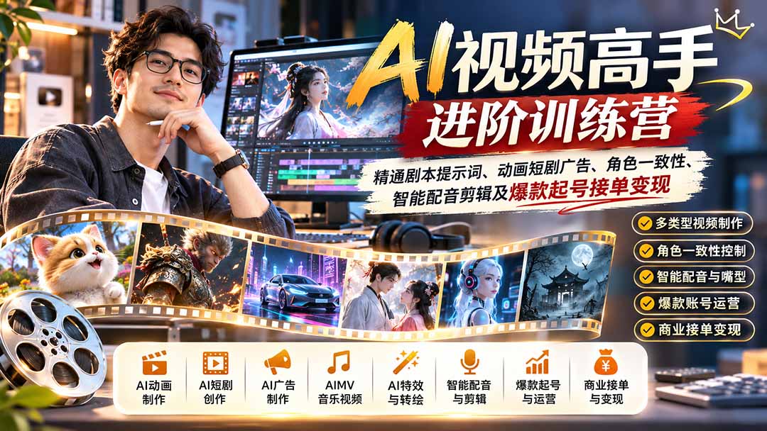 AI视频高手进阶训练营:精通剧本提示词、动画短剧广告、角色一致性、智能配音剪辑及爆款起号接单变现-皮皮网创