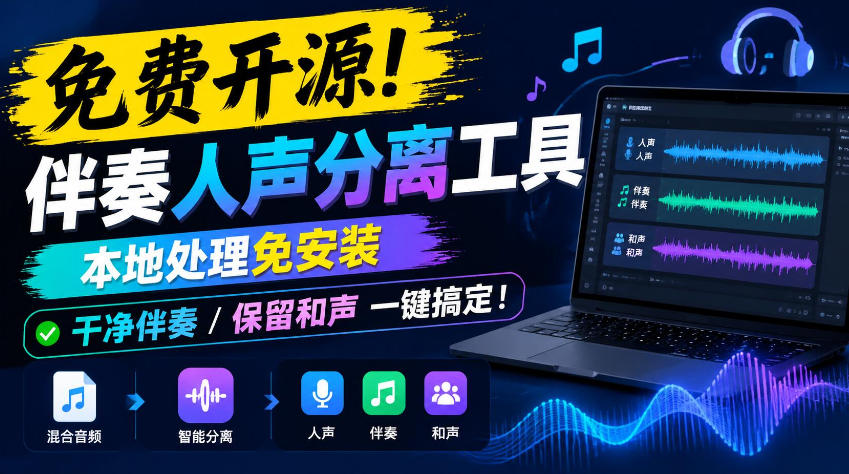 免费开源！伴奏人声分离工具，本地处理免安装，干净伴奏，保留和声一键搞定！-皮皮网创