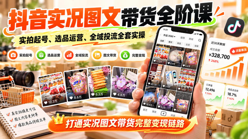 抖音实况图文带货全阶课|实拍起号、选品运营、全域投流全套实操,打通实况图文带货完整变现链路-皮皮网创