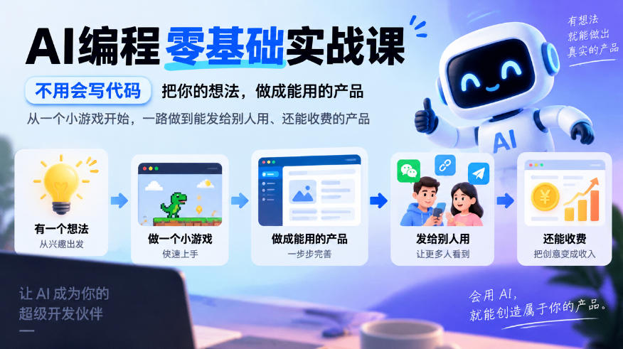 AI编程零基础实战课，不用会写代码，把你的想法，做成能用的产品，从一个小游戏开始，一路做到能发给别人用、还能收费的产品-皮皮网创