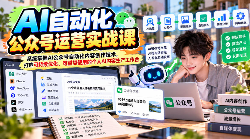 AI自动化公众号运营实战课,系统掌握AI公众号自动化内容创作技术,打造可持续优化、可重复使用的个人AI内容生产工作台-皮皮网创