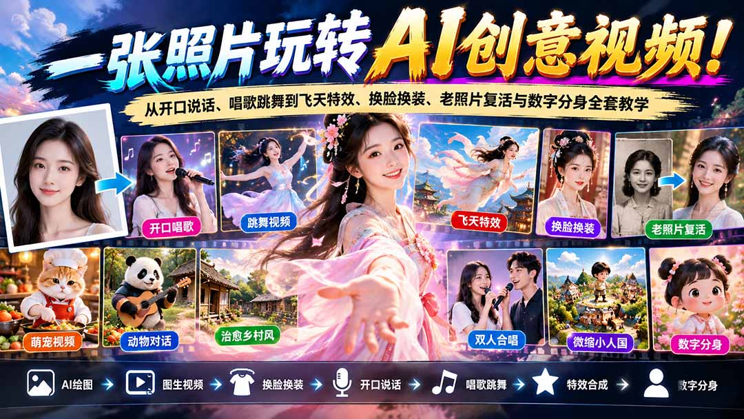 一张照片玩转AI创意视频！从开口说话、唱歌跳舞到飞天特效、换脸换装、老照片复活与数字分身全套教学-皮皮网创