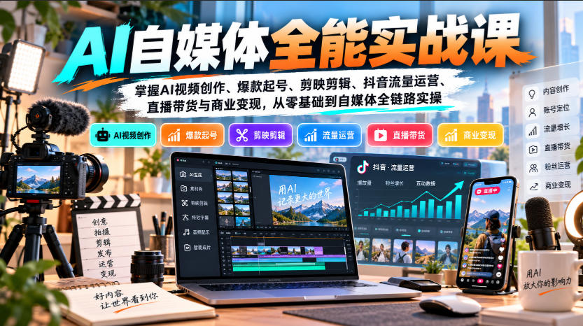 【无水印】AI自媒体全能实战课，掌握AI视频创作、爆款起号、剪映剪辑、抖音流量运营、直播带货与商业变现，从零基础到自媒体全链路实操-皮皮网创